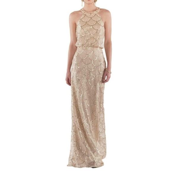 Sorella Vita Gold Sequined Scallop Pattern Halter Neck Gown Dress • Size 10 - Picture 1 of 4